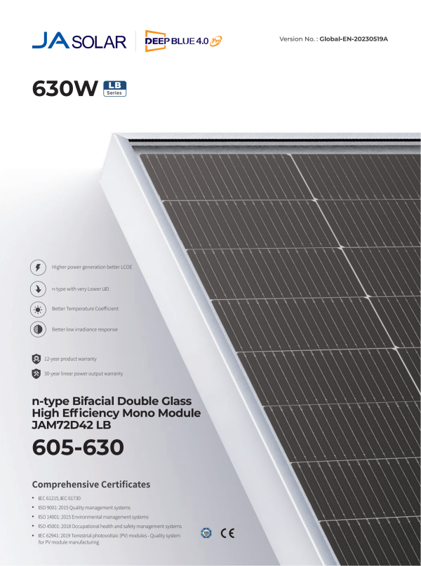 แผงโซล่าเซลล์ JA SOLAR 630W (N-type) BIFA DUAL GLASS